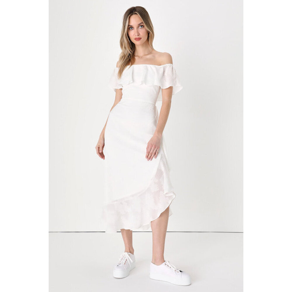 Lulus Pretty Perfect White Burnout Floral Off-the-shoulder Midi Dress - Size S